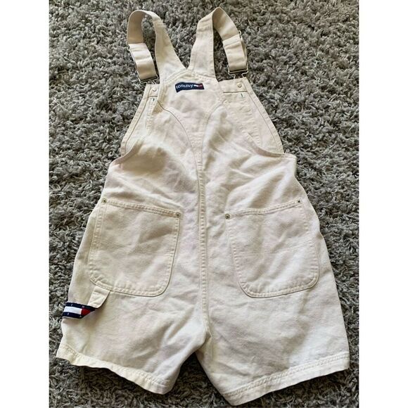 Tommy Hilfiger Y2K vtg 90’s off white LOGO Overalls Bibs Jean Shorts sz S - Picture 7 of 7